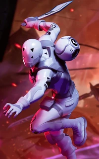 Personagem dinâmico de Fortnite em ação, empunhando uma espada em meio a um fundo vibrante e explosivo.