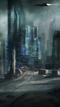 Futuristic Cityscape with Towering Skyscrapers and Hovering Vehicles