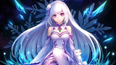 Emilia aus "Re:Zero", umgeben von magischen Eiskristallen, die eine bezaubernde Aura mit ihren weißen Haaren und auffälligen lila Augen ausstrahlt.