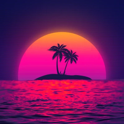 vaporwave, sunset, palm trees, island, 5k