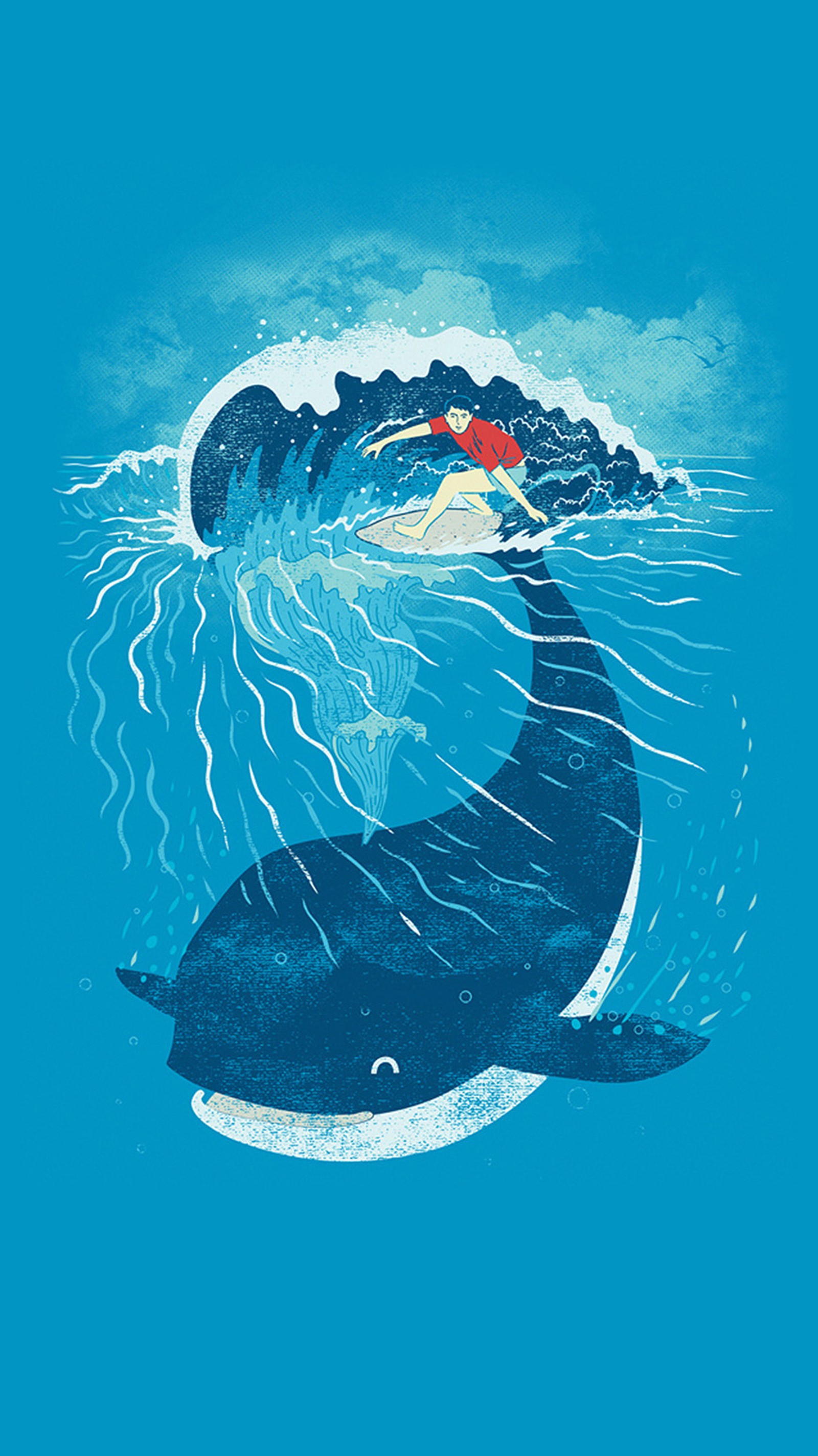 Illustration of a woman swimming with a whale in the ocean (animal, art, sea, wave)