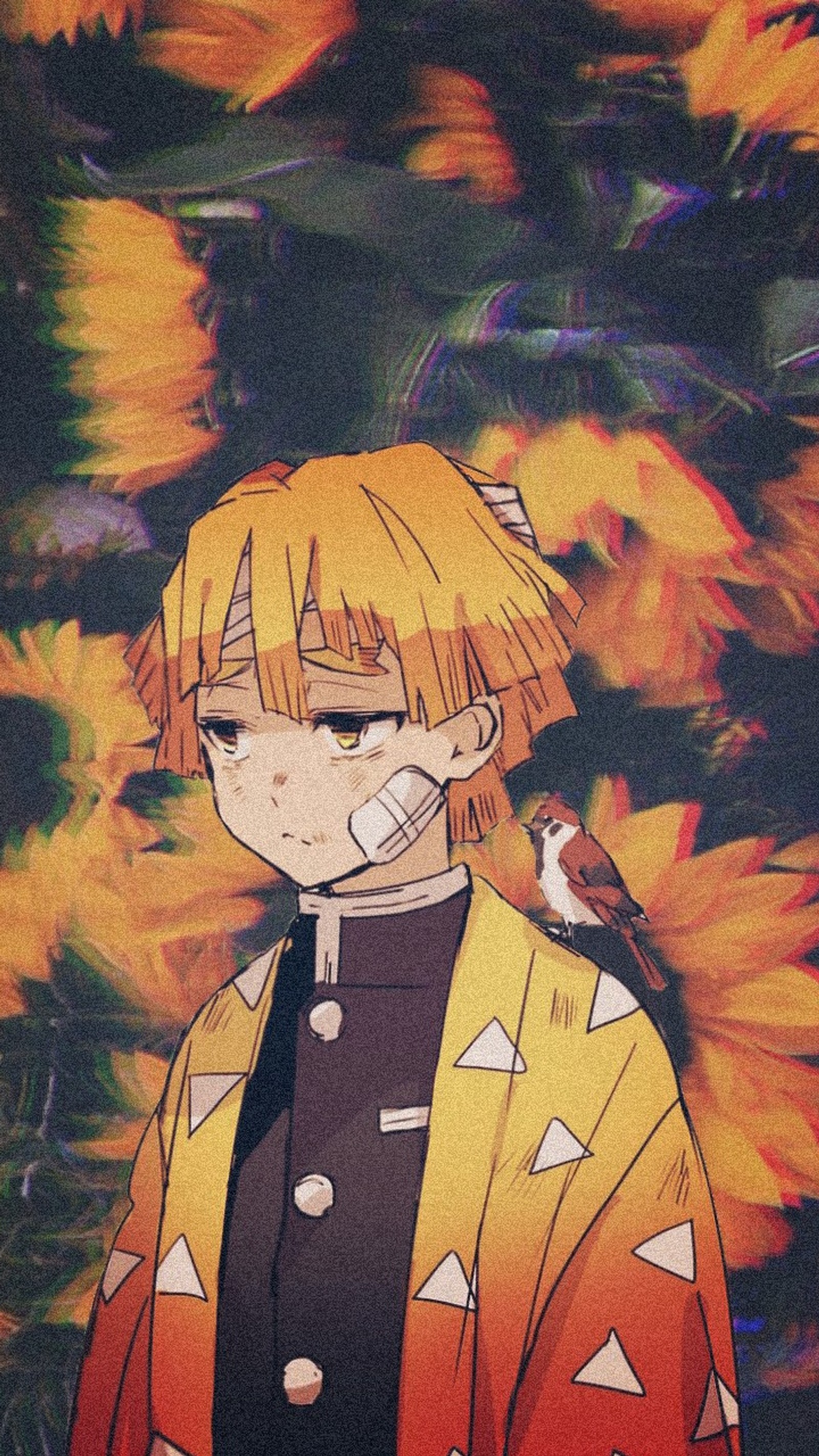 Anime character with bird on shoulder standing in front of sunflowers (demon slayer, kimetsu no yaiba, zenitsu)