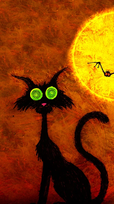 Whimsical black cat with spiral green eyes against a glowing yellow sun.