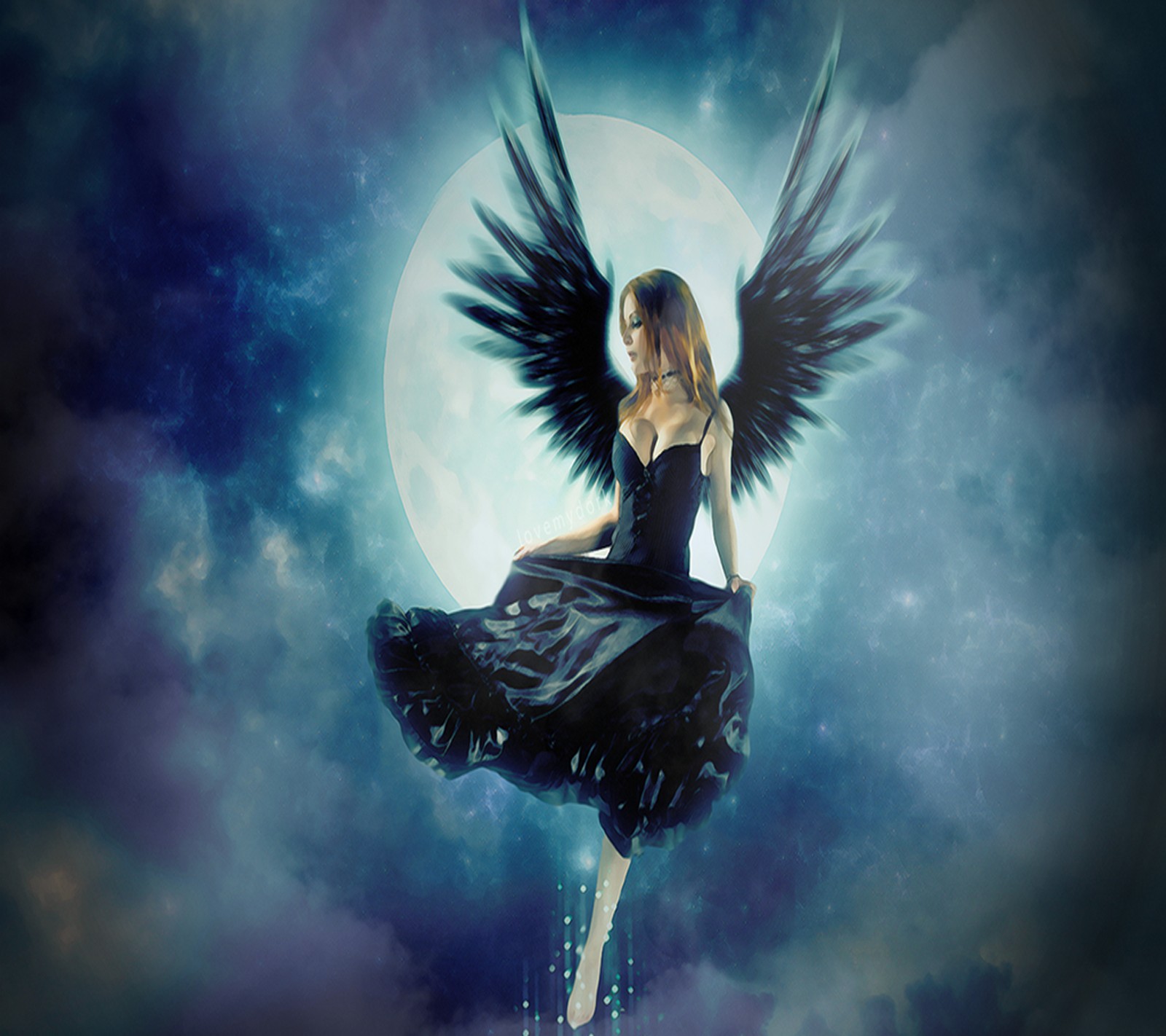 Imagen de una mujer con un vestido negro volando en el cielo (ángel, oscuro)