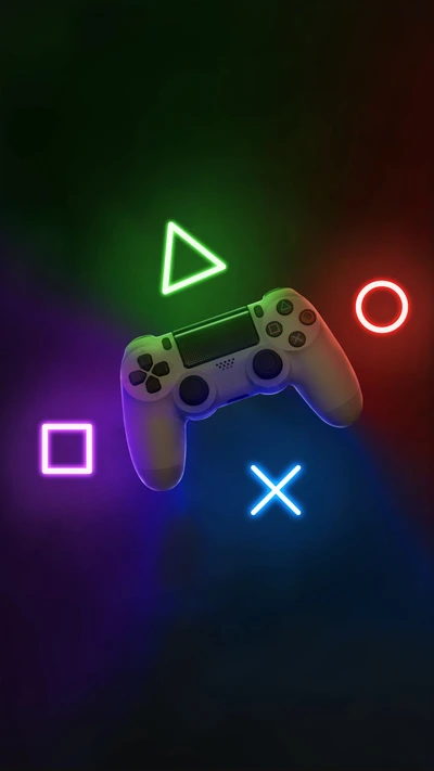 Manette de jeu illuminée au néon entourée de symboles de formes emblématiques, sur un fond vibrant et lumineux. Parfait pour les passionnés de jeux et les fonds d'écran pour téléphones.