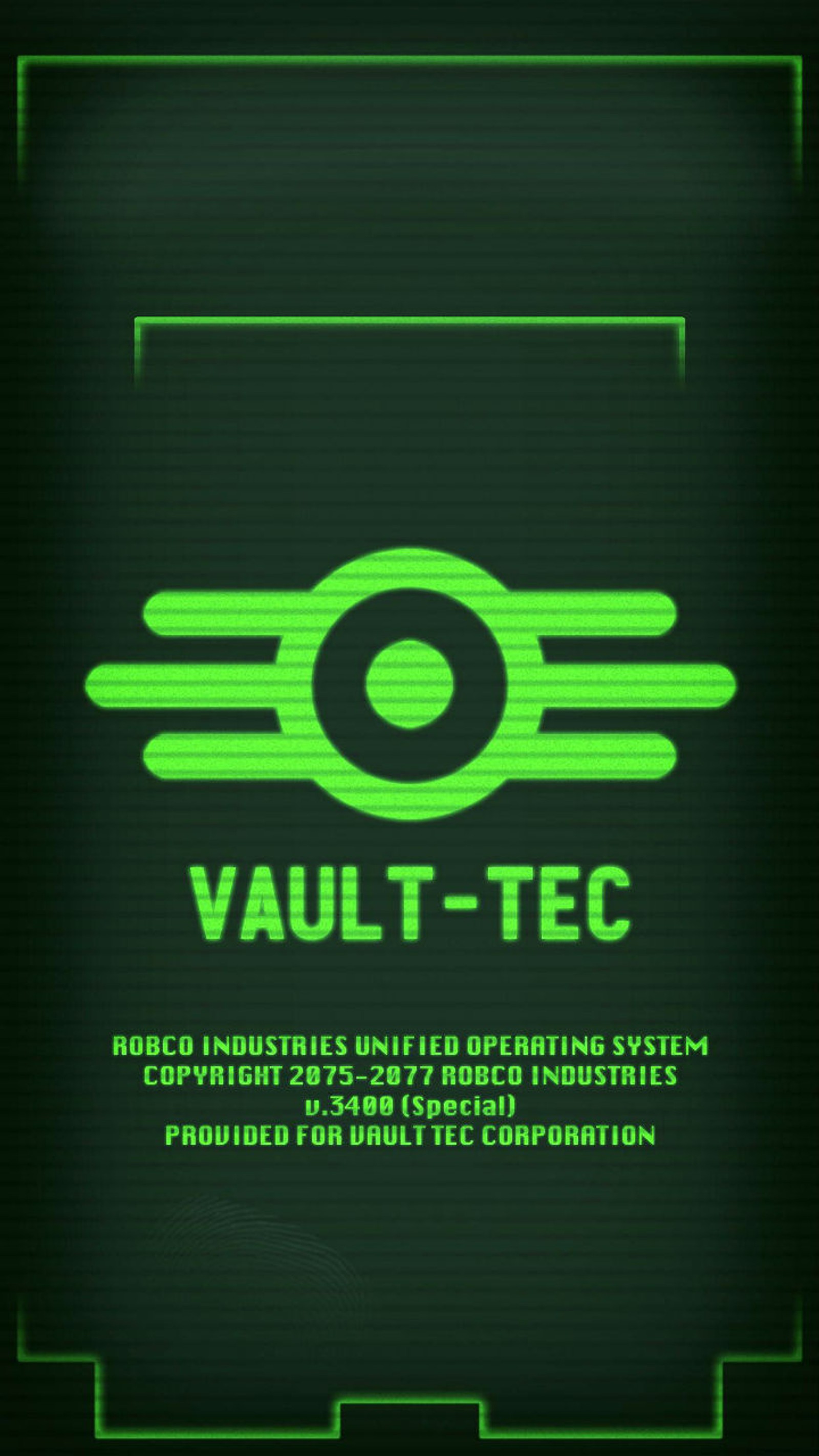 Grüner bildschirm mit einem logo, das vault tec sagt (101, 111, aktion, bethesda, konsole)