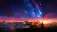 Dreamy Sunset: A Solitary Girl Watches Shooting Stars Over a Serene Town