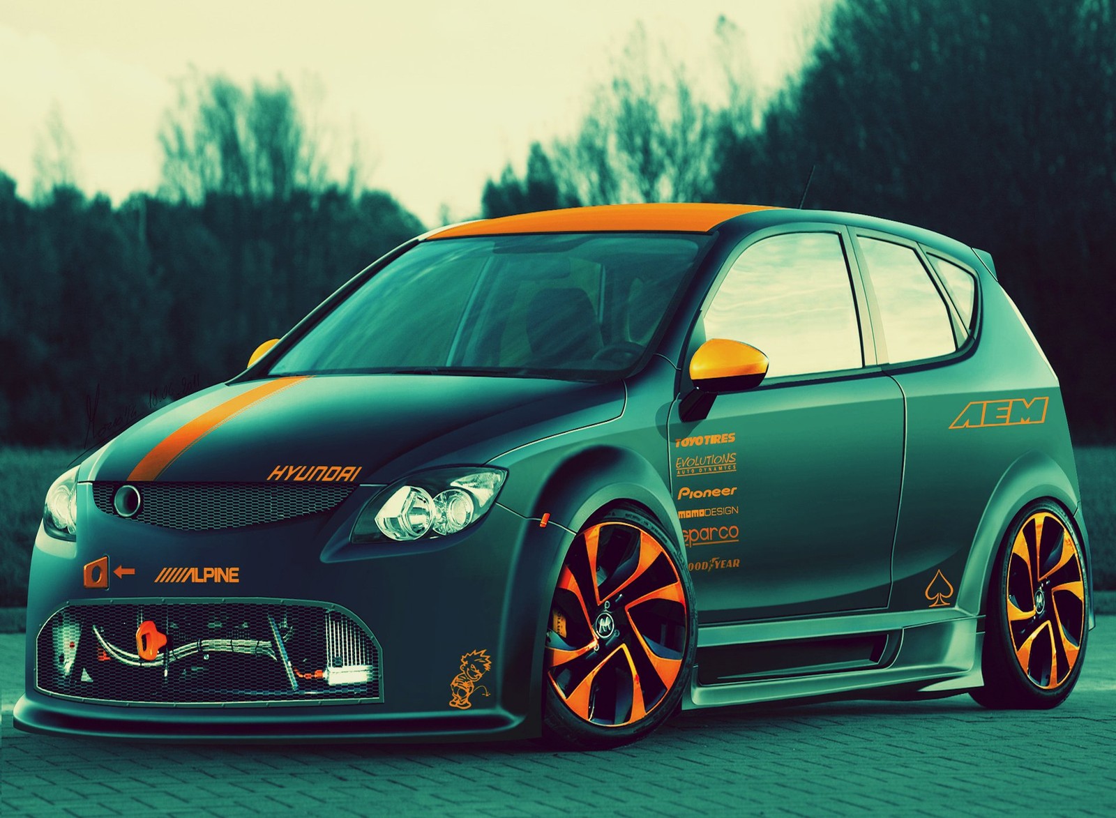 A close up of a car with orange rims parked on a brick road (awesome, beauty, car, nice)