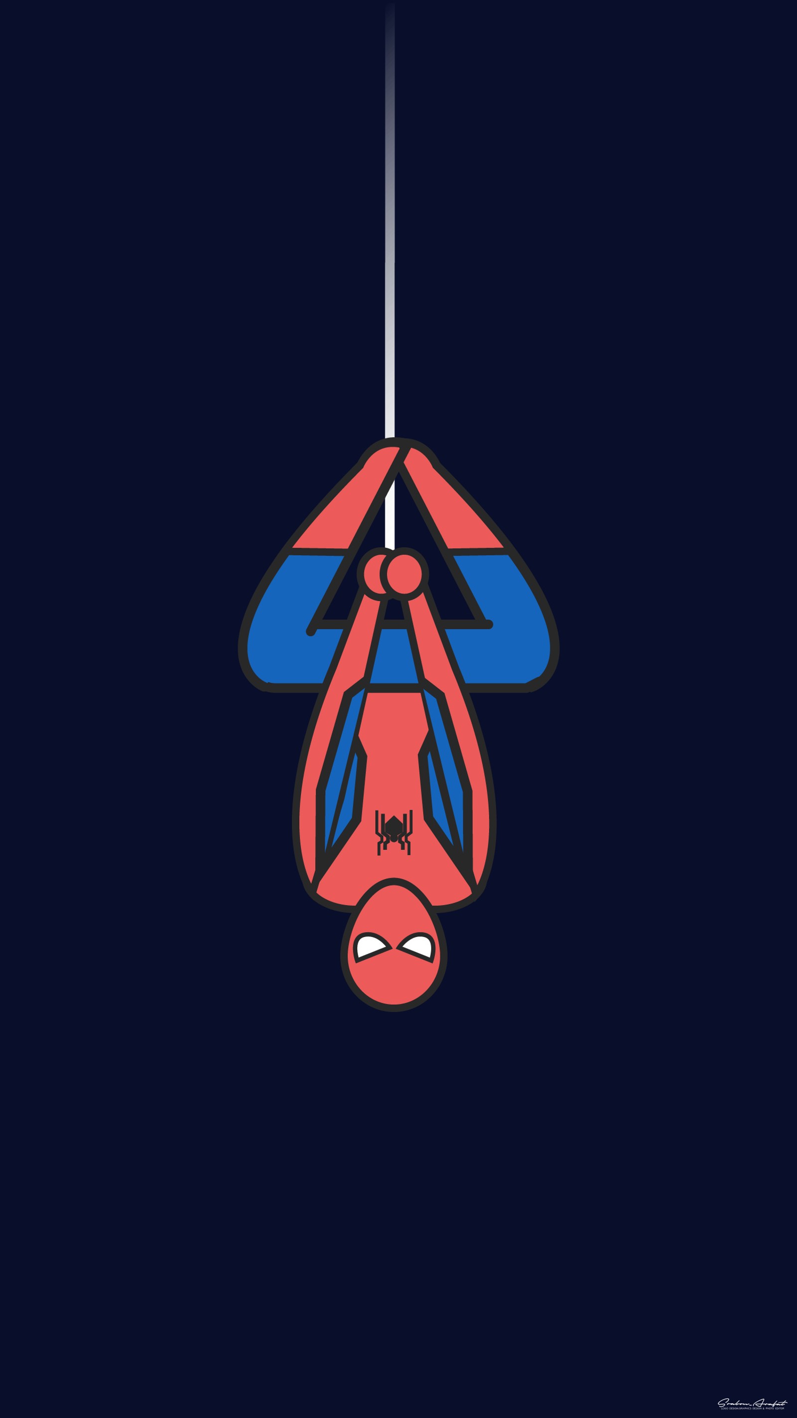 Hombre araña colgado boca abajo de una cuerda con un fondo azul (arte, vengadores, avengers, cómics, lejos de casa)