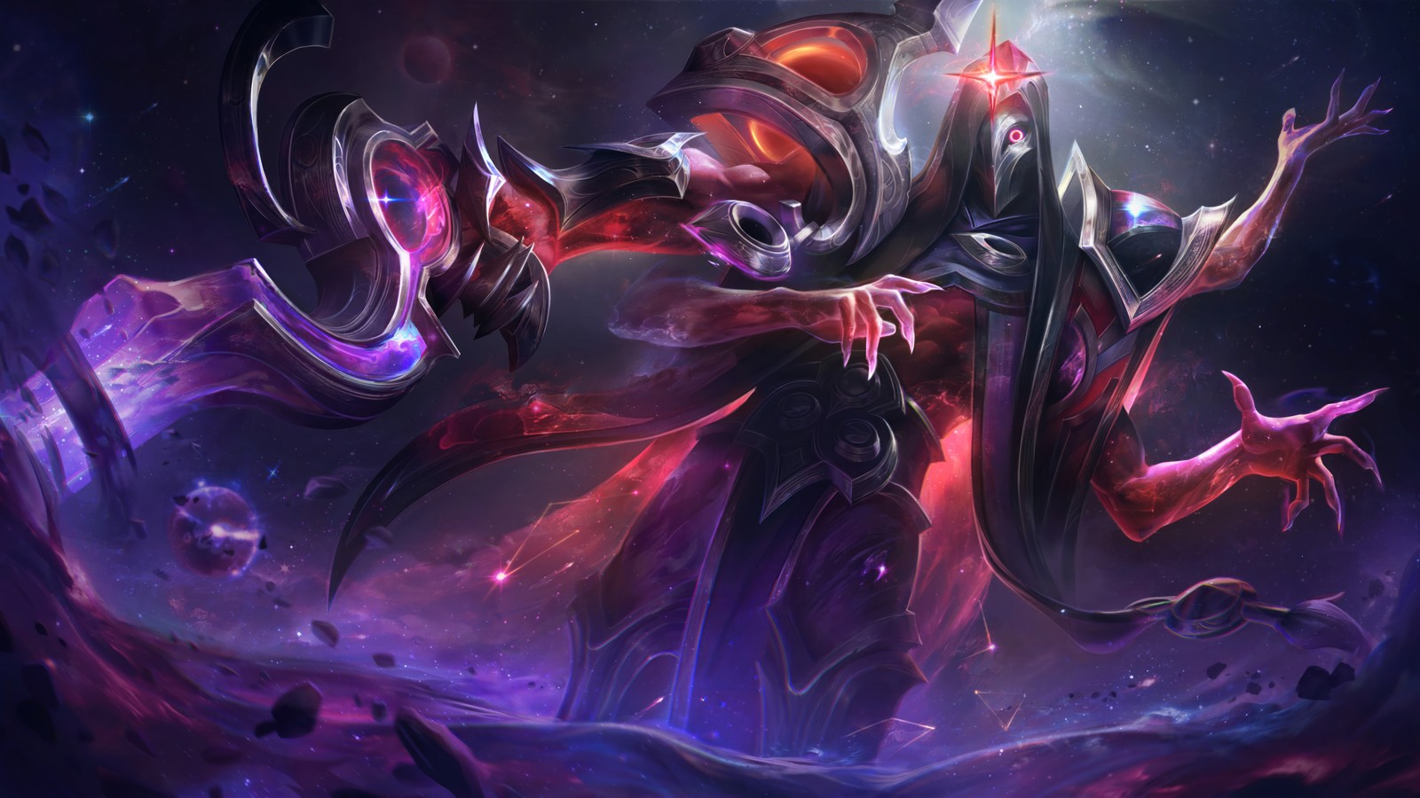 A demonic looking demon with a glowing head and a long tail (dark, cosmic, erasure, jhin, league of legends)