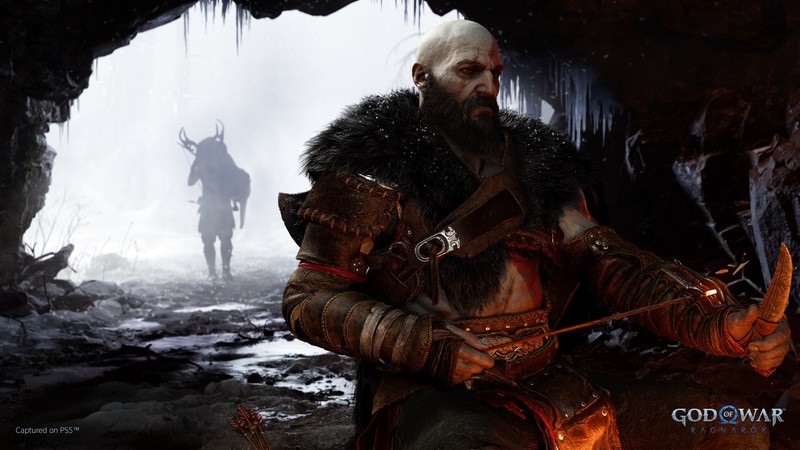 Мужчина в темной пещере с мечом и оленем (god of war ragnarök, видеоигра, kratos, игры 2022, игры)