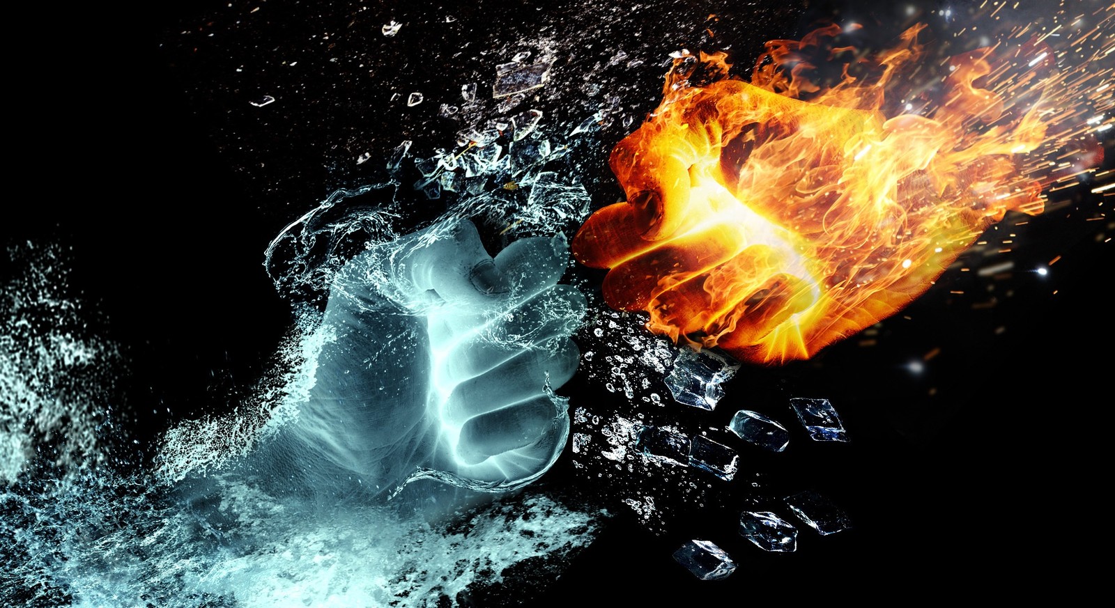 A close up of a fire and ice on a black background (fire, water, flame, heat, rock)