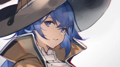 Roxy Migurdia de "Mushoku Tensei: Réincarnation sans emploi" avec des cheveux bleus frappants et un chapeau distinctif, dégageant détermination et confiance.