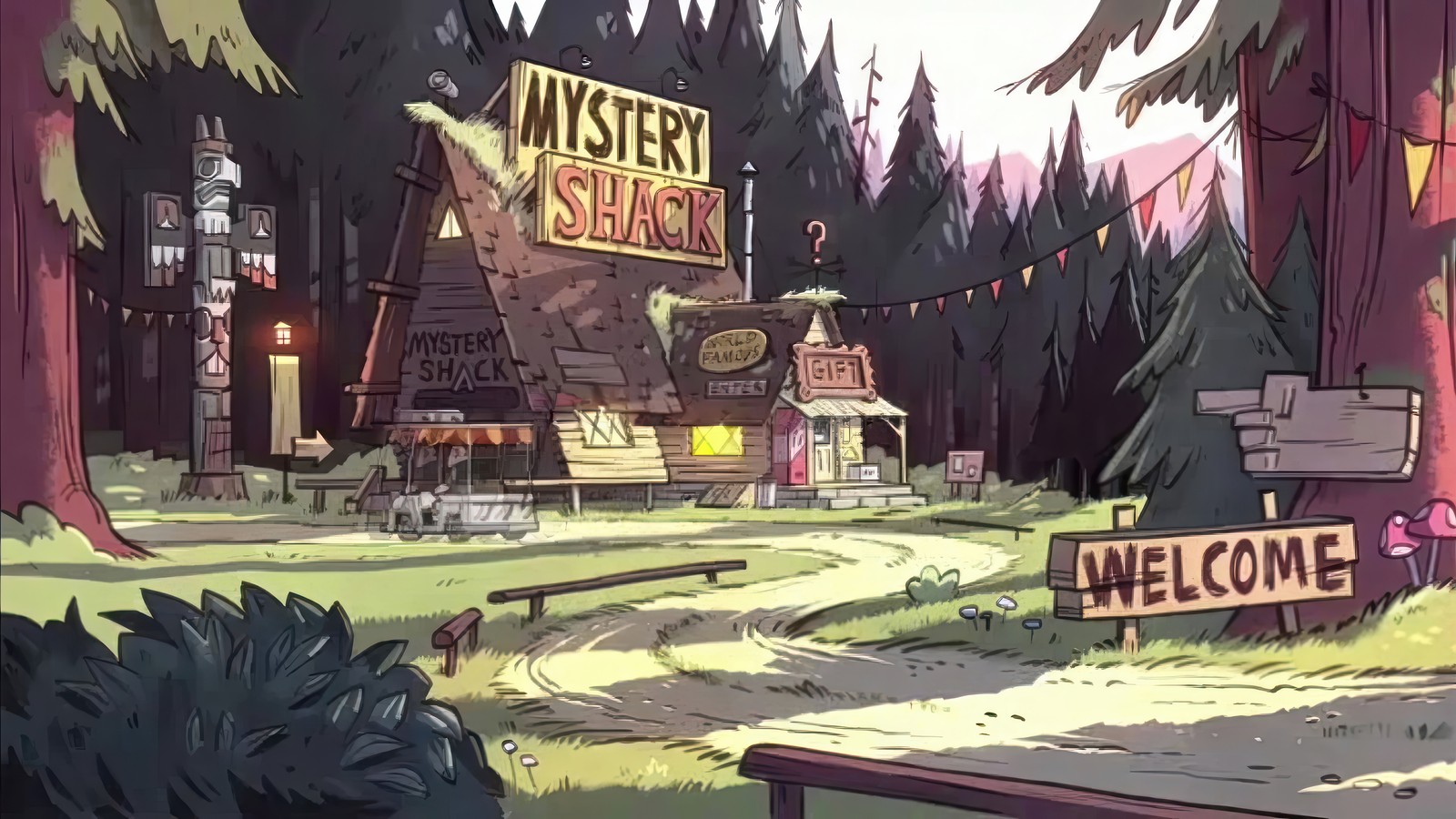 Un primer plano de un dibujo animado de un cartel en un bosque (cabaña misteriosa, mystery shack, gravity falls, series de televisión, caricatura)