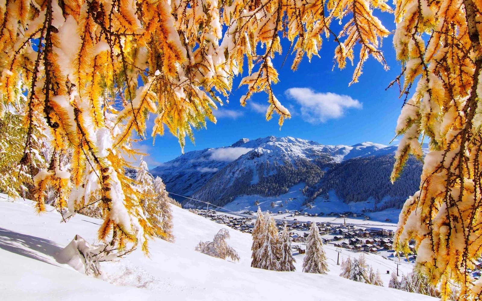 Snowy mountains with snow covered trees and a blue sky (snow, winter, nature, tree, mountain)