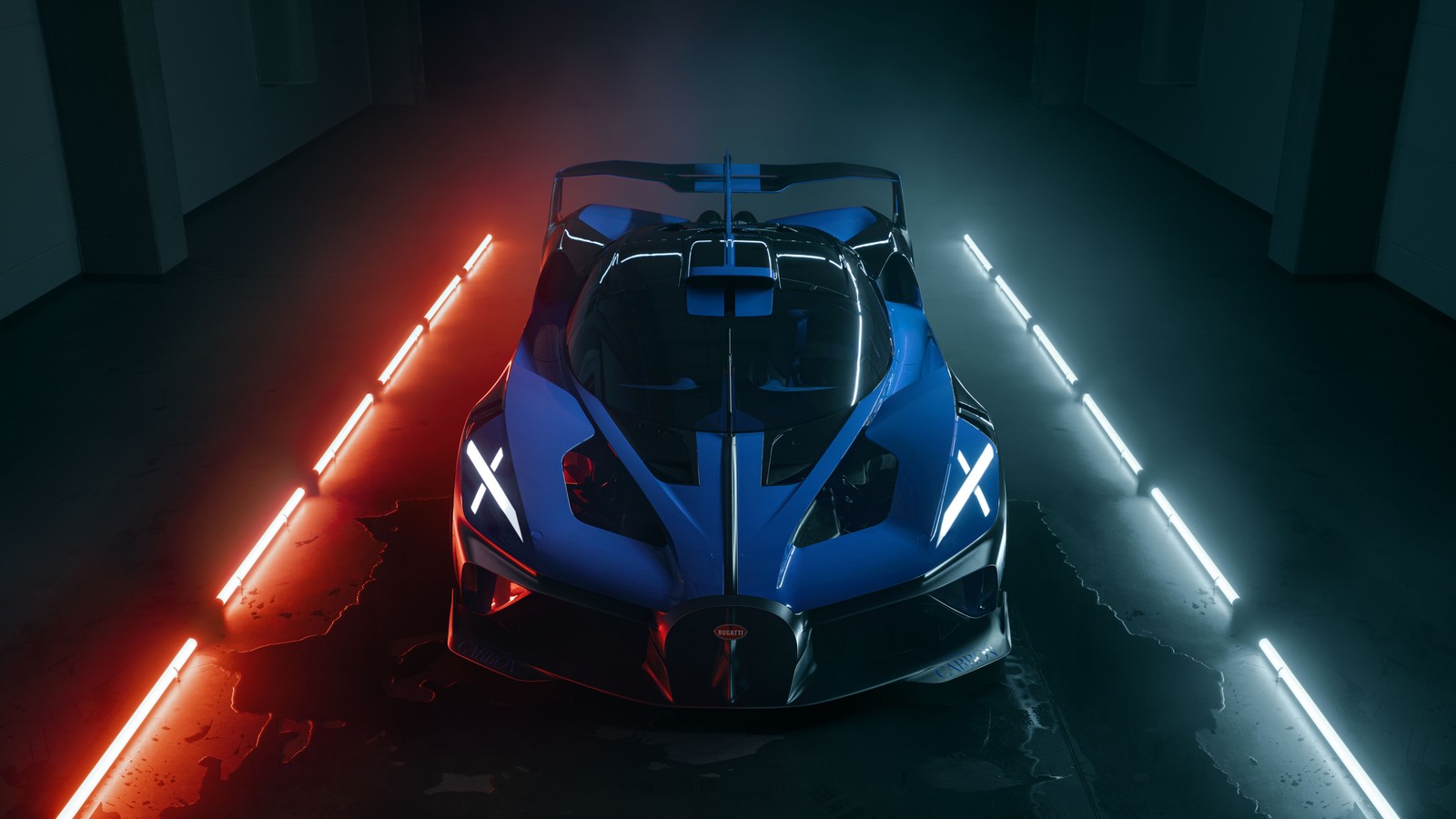 Une voiture de sport bleue avec des lumières rouges dans une pièce sombre (bugatti bolide, voitures, voiture de sport, bugatti centodieci, éclairage automobile)