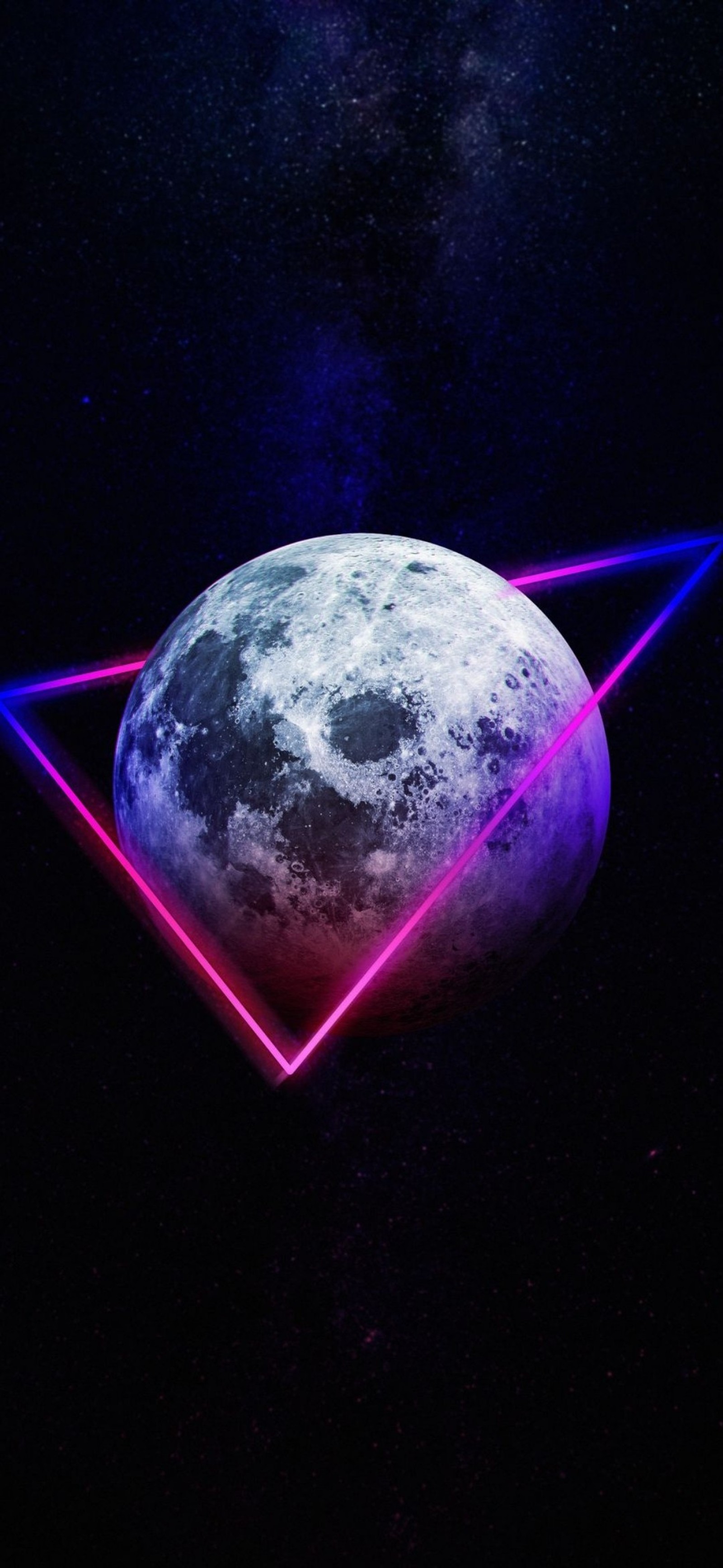 Un gros plan d'une lune avec un triangle néon dessus (atmosphère, monde, objeto astronomique, nébuleuse, galaxie)