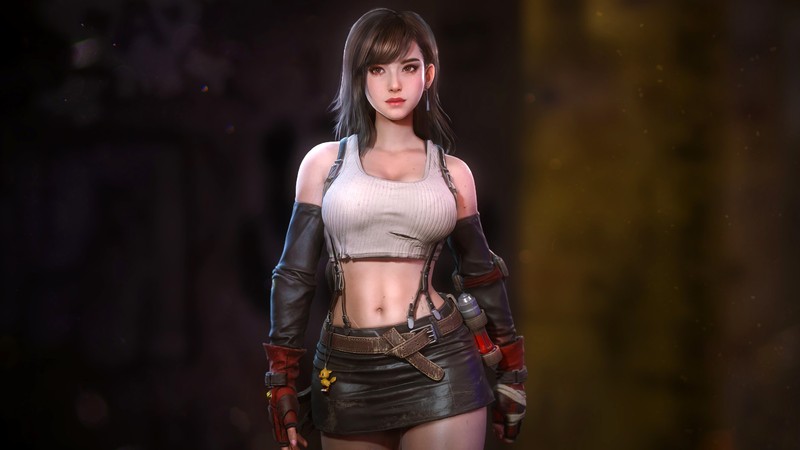 Женщина в короткой юбке и топе стоит в темной комнате (тифа локхарт, tifa lockhart, final fantasy 7 remake, final fantasy vii remake, ff vii remake)