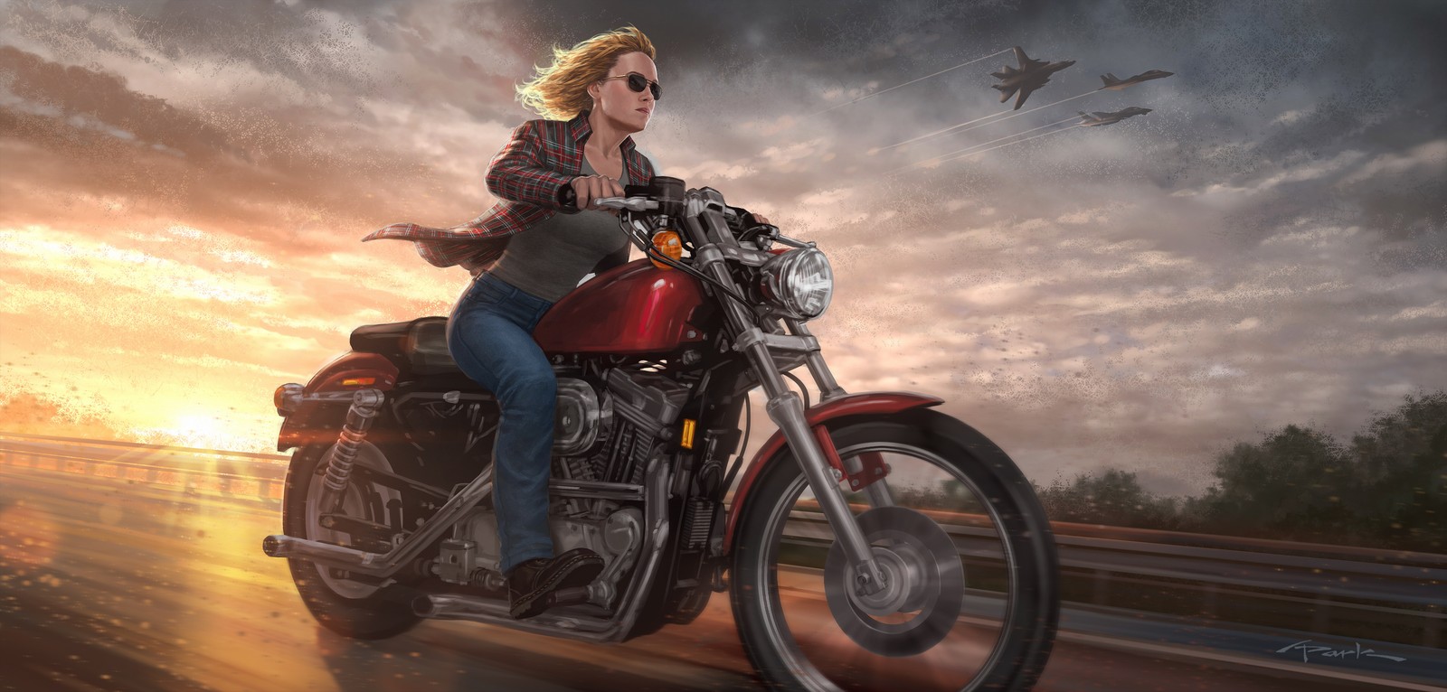 Mulher árabe montando uma motocicleta em uma rodovia ao pôr do sol (capitã marvel, captain marvel, carol danvers, super herói, universo cinematográfico da marvel)