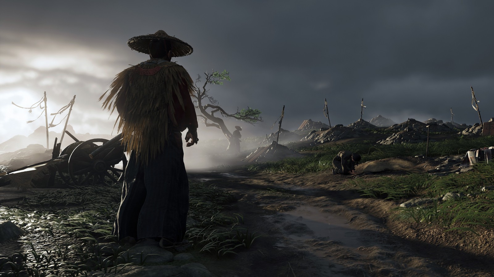 Arafed man standing on a dirt road in a field (ghost of tsushima, video game, jin sakai, samurai)