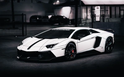 Lamborghini Aventador 2016 dans un design élégant blanc et noir, mettant en valeur son style agressif et ses caractéristiques de haute performance.