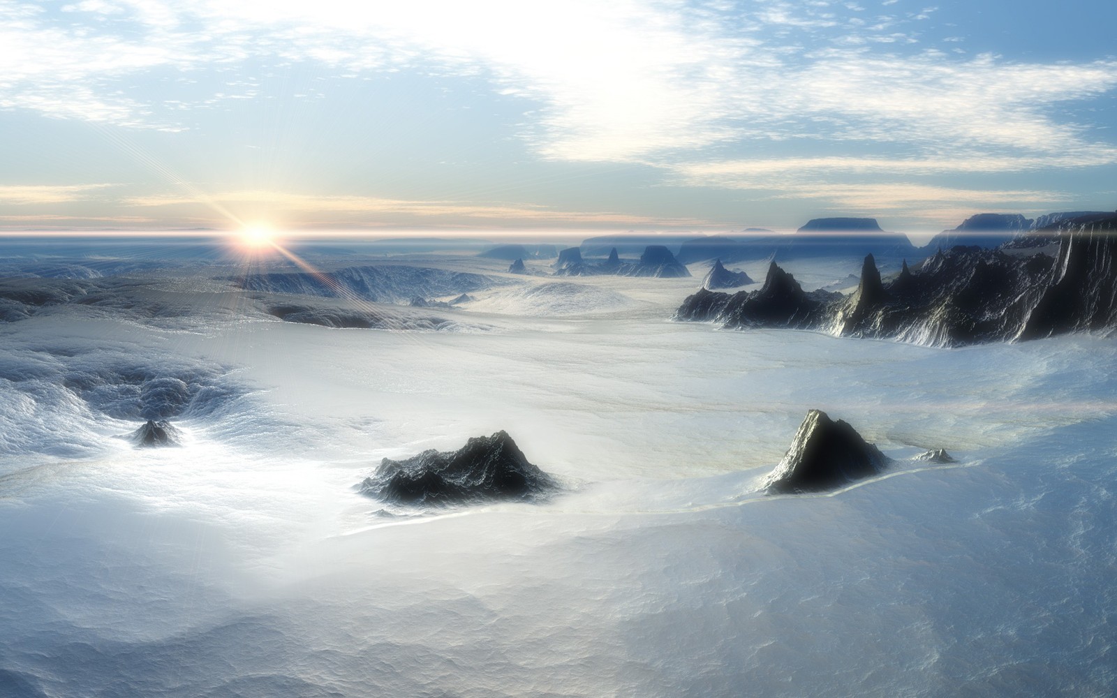 Panoramablick auf eine verschneite landschaft mit einem gebirgszug in der ferne (wasser, meer, ozean, atmosphäre, gefrieren)