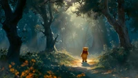 Winnie the Pooh paseando por un sendero del bosque iluminado por el sol