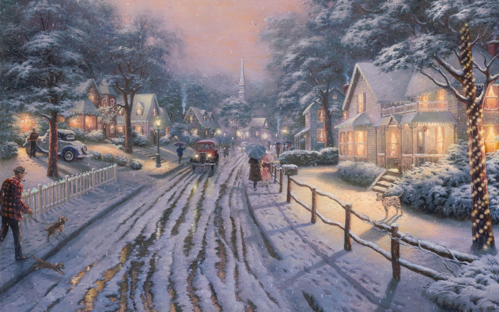 Painting of a snowy street scene with a horse drawn carriage (painting, art, winter, snow, freezing)