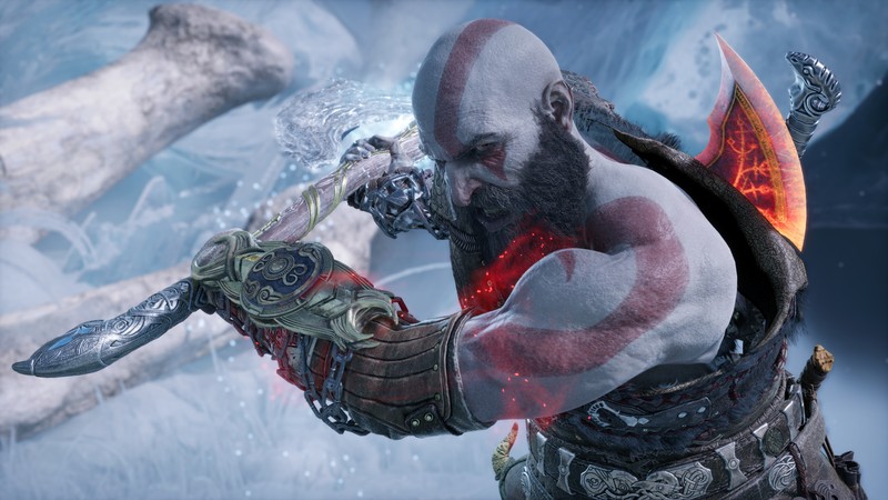 Близкий план мужчины с мечом в снежной местности (god of war ragnarök, топор левиафана, kratos, игры, обои 4k)