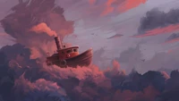 Dreamscape Vessel: A Bold Boat Navigating Sunset Clouds