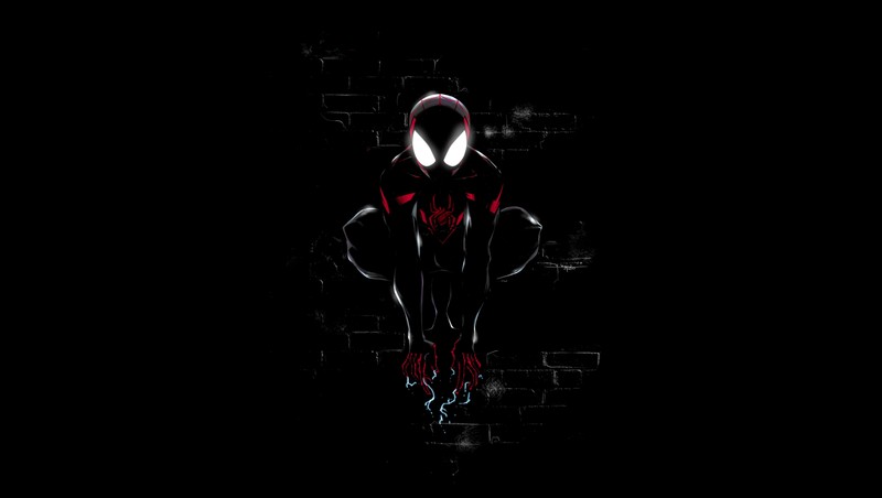 Человек-паук в темноте в красном и черном костюме (майлз моралес, miles morales, spider man, тёмный, черный фон)