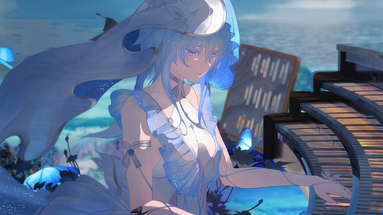 Fille d'anime jouant du piano dans une robe bleue avec des papillons autour d'elle (gardien du rivage, wuthering waves, jeu vidéo, art)