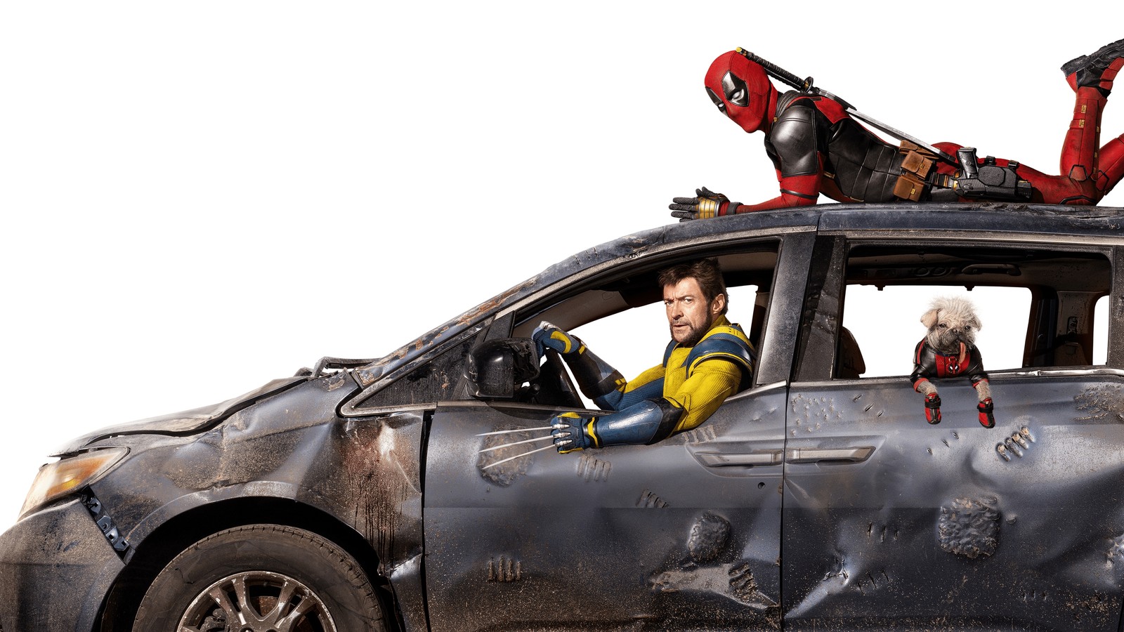 Deadpool et deadpool dans une voiture avec deadpool dessus (deadpool wolverine, peggy, hugh jackman, marvel comics, films de 2024)