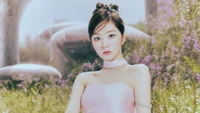 Irene from Red Velvet in a dreamy, ethereal setting surrounded by flowers, wearing a delicate pink outfit.