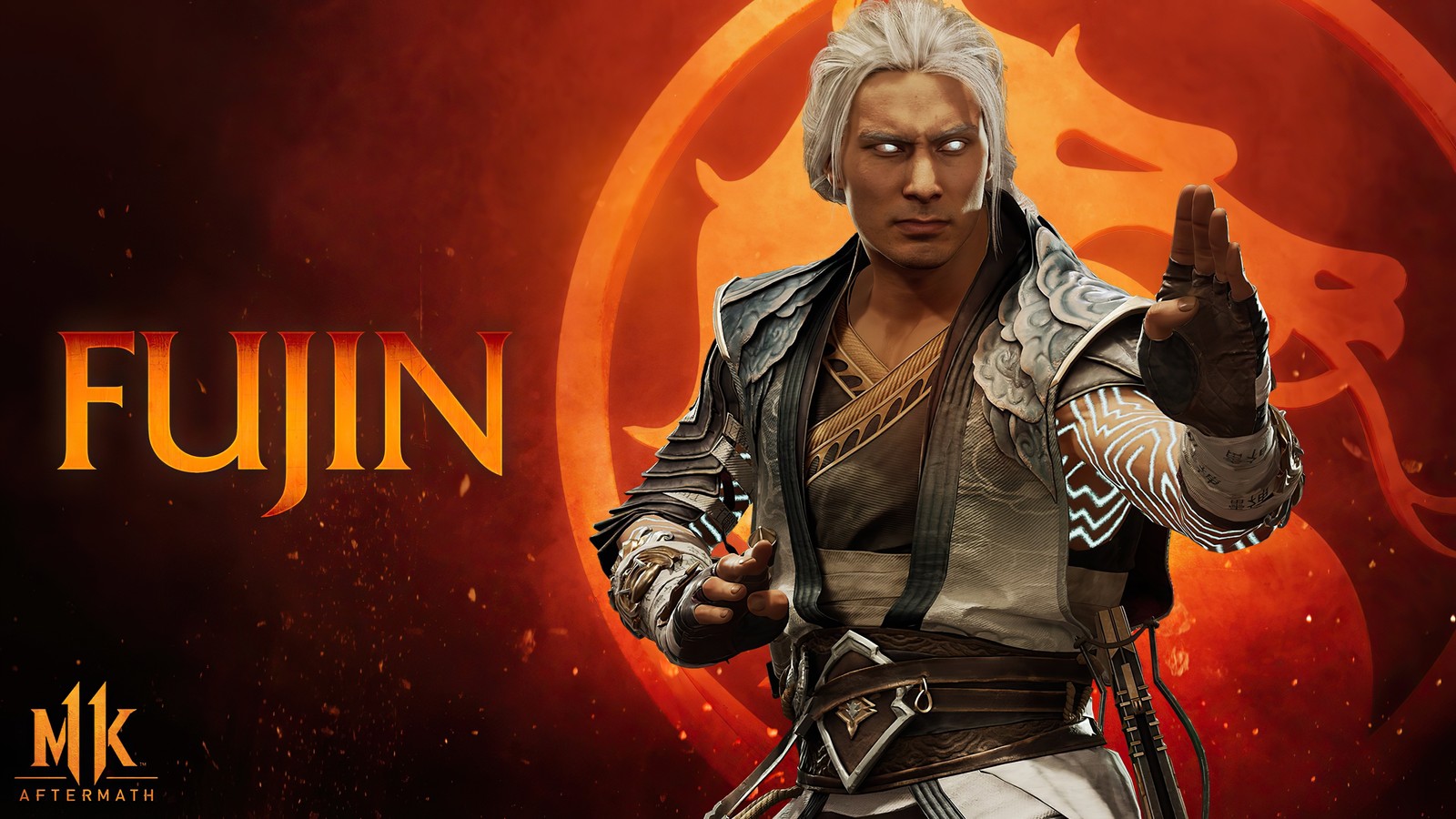 A man in a leather outfit holding a gun in front of a red background (fujin, mk11, mortal kombat 11, aftermath, video game)