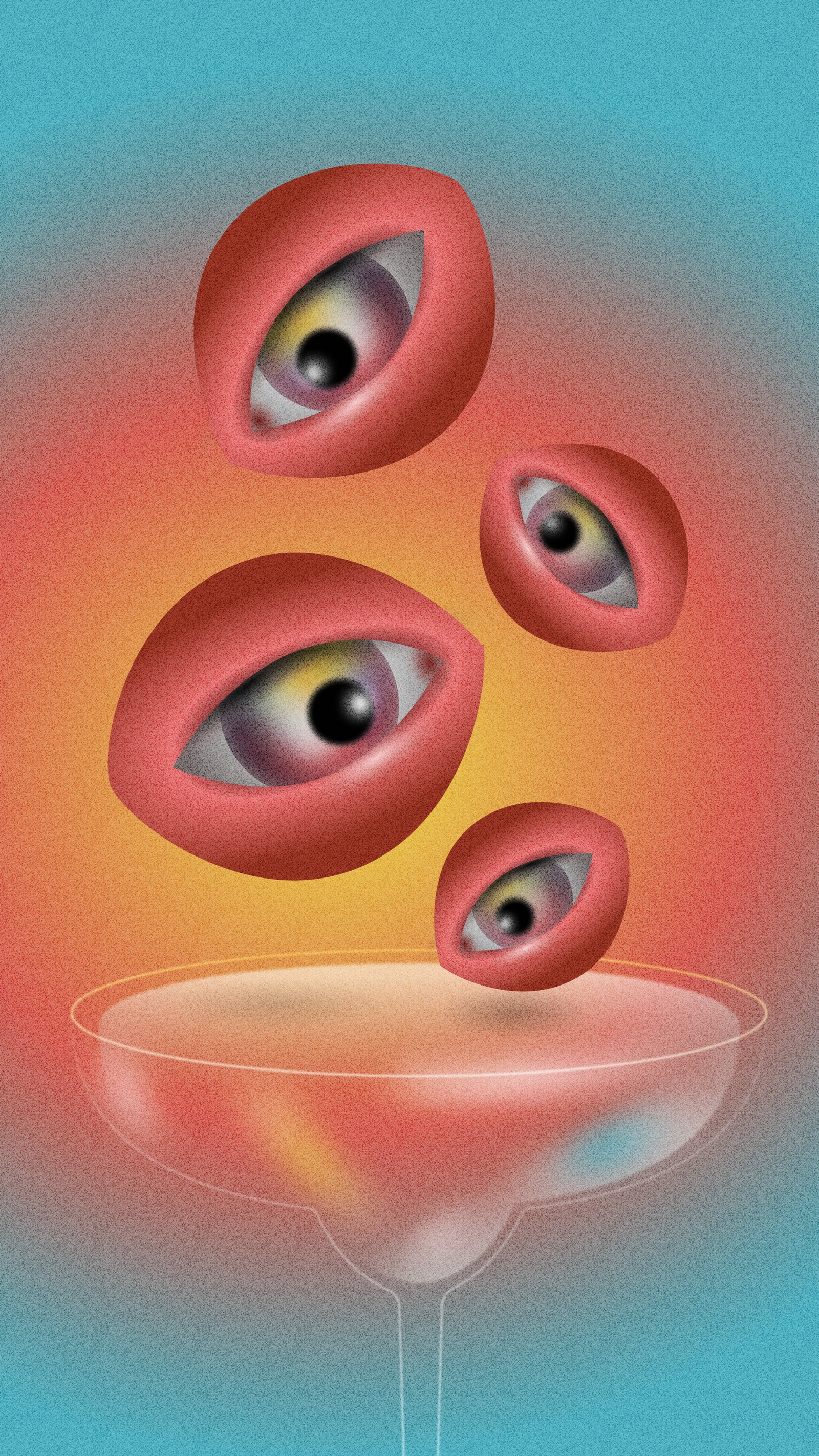 Drei rote augen fliegen aus einem martini-glas (orange, nase, kopf, augenbraue, augen)