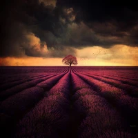 Árbol solitario en medio de campos de lavanda bajo un cielo nublado