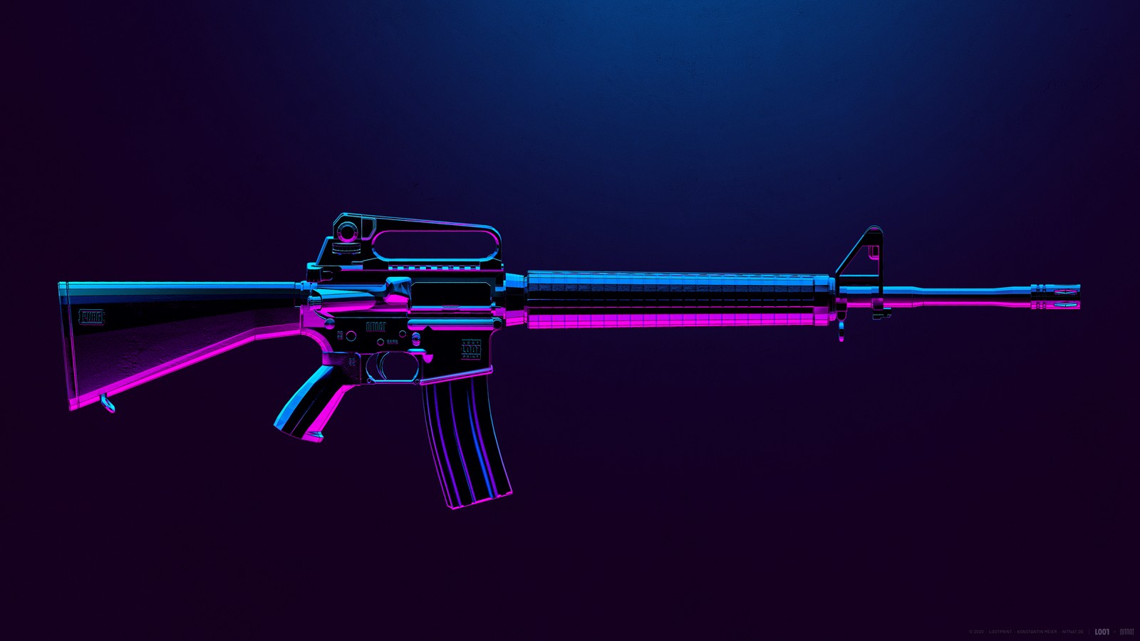 Uma arma azul e rosa com um fundo preto (m16a4, pubg mobile, rifle de assalto, playerunknowns battlegrounds, néon)