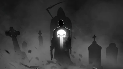 Der Punisher steht wachsam auf einem Friedhof der Schatten