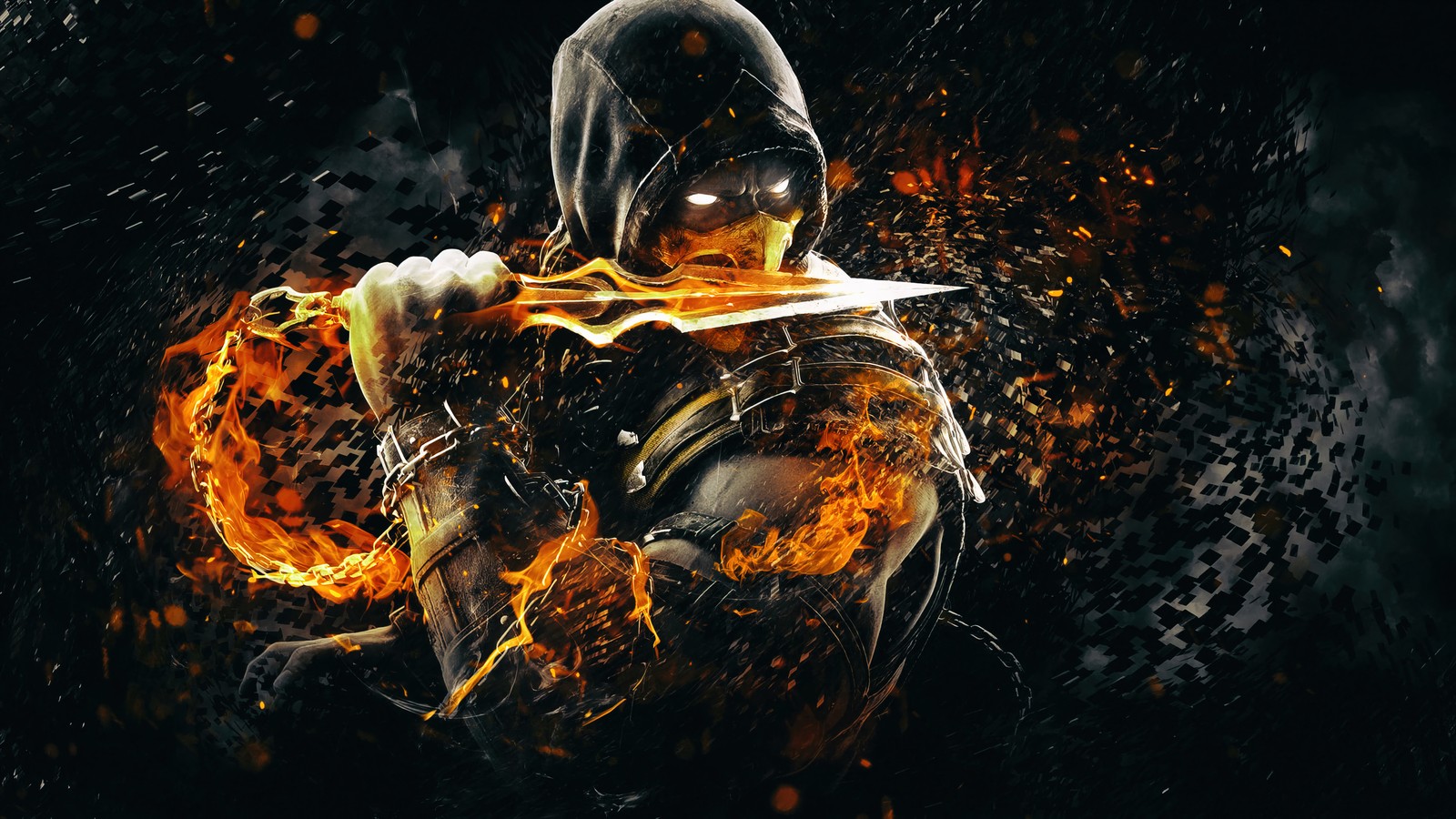 A man in a black outfit holding a fire ball (scorpion, mortal kombat x, video game, syanart, digital art)