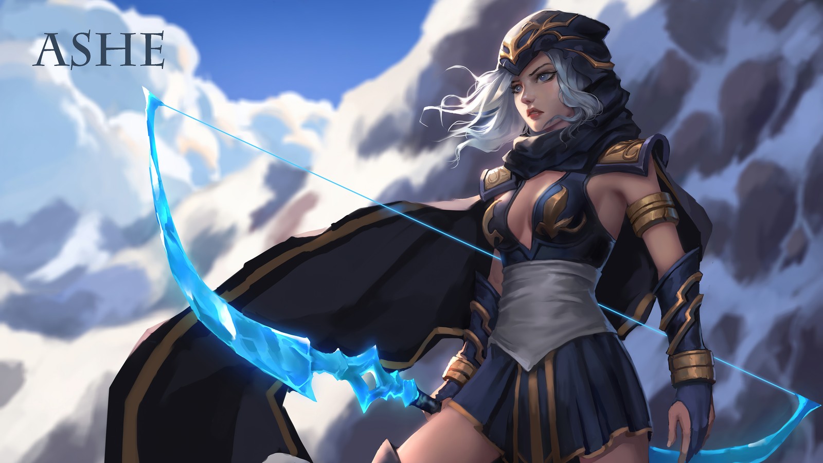 Uma mulher em um traje preto segurando um arco e uma flecha azul (ashe, league of legends, lol, jogo de vídeo, jogo)