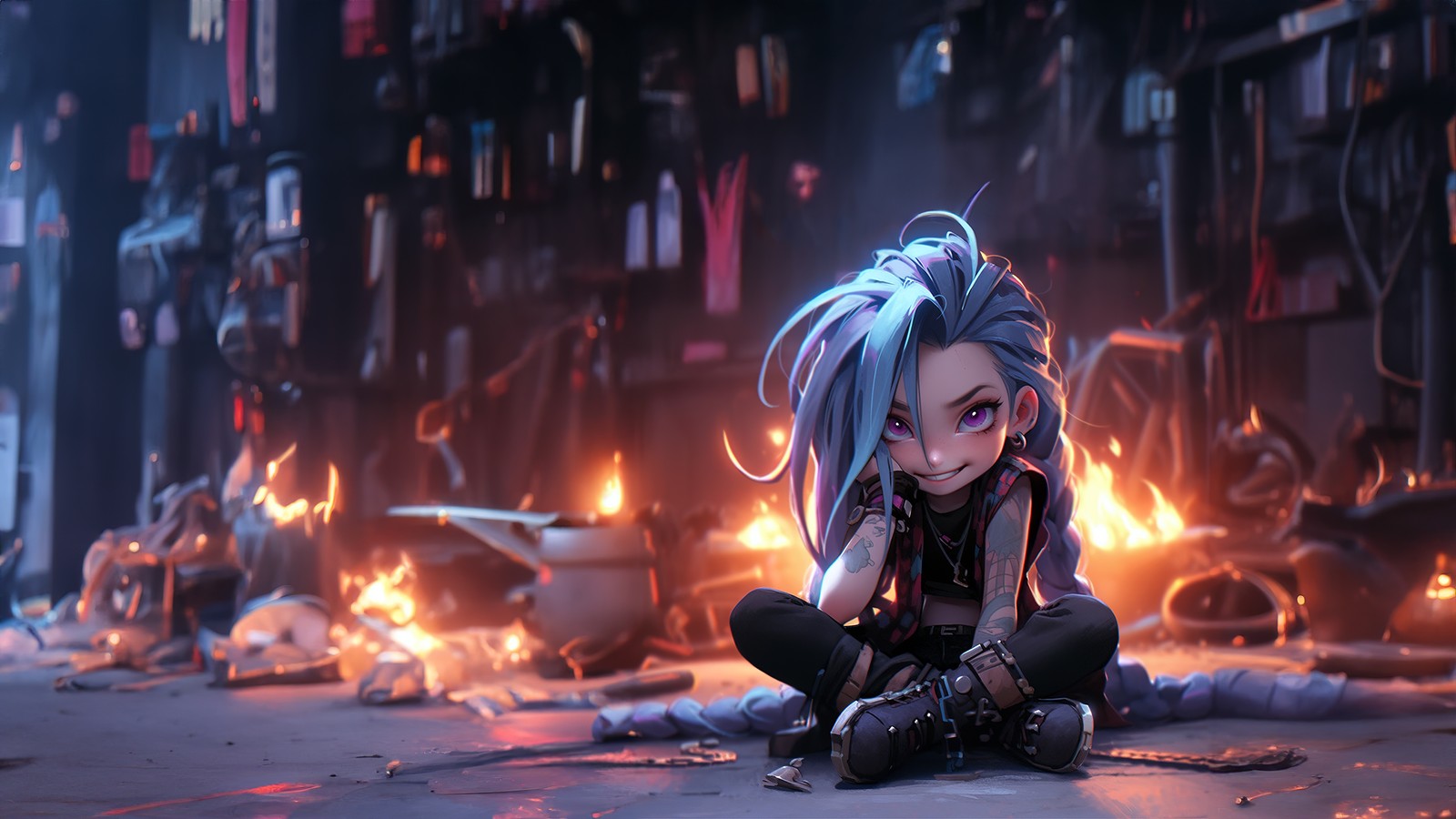 Девушка с синими волосами сидит на земле перед огнем (джинкс, jinx, искусство ии, ai art, аркейн лига легенд)