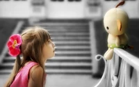 Child in Pink Dress Gazing at Plush Teddy Bear