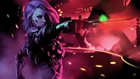 Futuristic Cyberpunk Warrior: A Fierce Female with a Laser Pistol in a Neon-Infused Landscape.