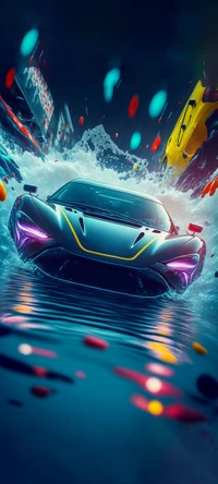 Dynamic Supercar in a Splash of Colorful Liquid Art