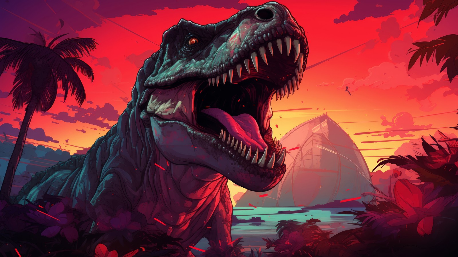 Um dinossauro com a boca aberta diante de um pôr do sol (dinossauro, arte digital)