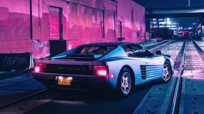 Ferrari Testarossa en estética neón retrowave en vías de tren abandonadas