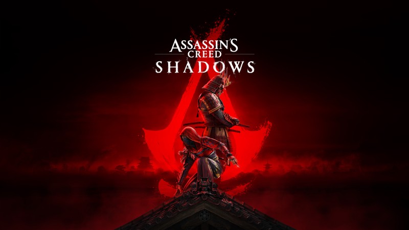 Красный фон с темным изображением демона, стоящего на здании (assassins creed shadows, видеоигра, ассасинс крид, assassins creed, ассассины)