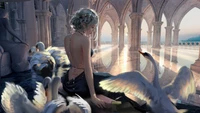 fantasy, girls, swan, art wallpaper