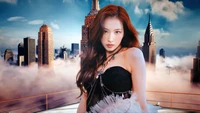 Minatozaki Sana of TWICE in a striking pose against a city skyline backdrop.